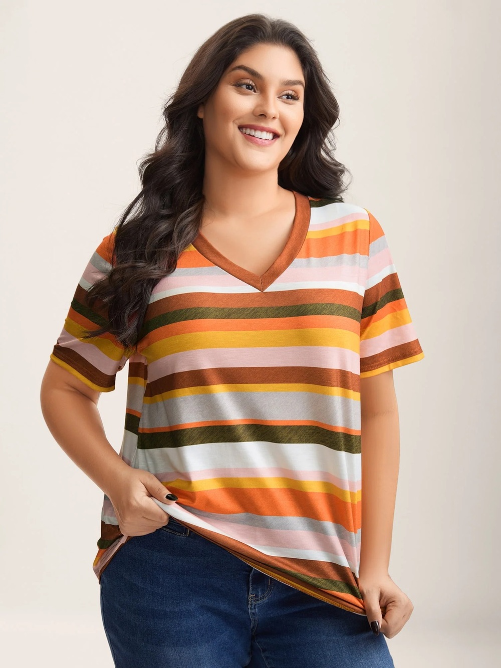 BloomChic Multicolor Striped V-Neck Tee